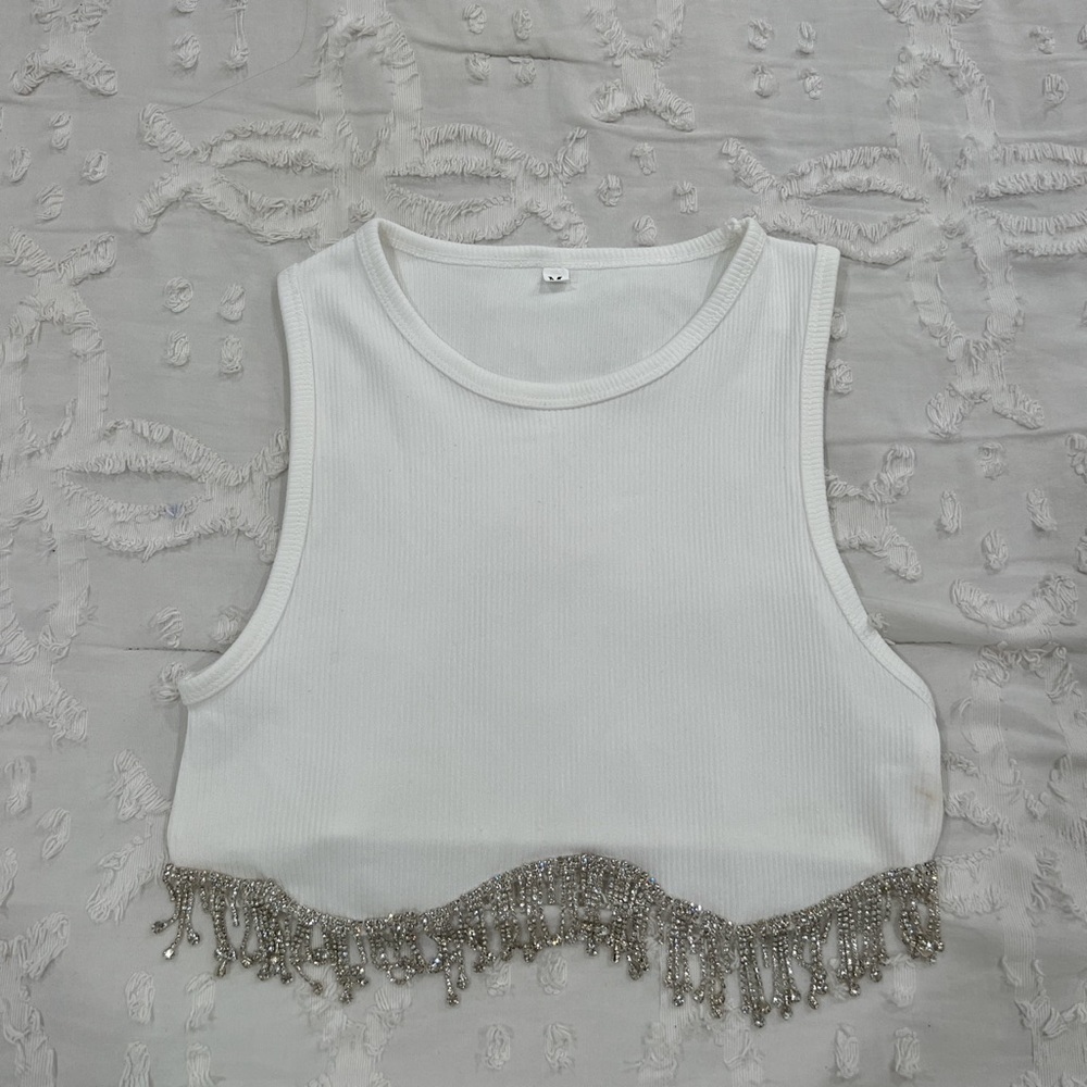 White Crop Top with Rhinestone Fringe- Size S/M 🤍